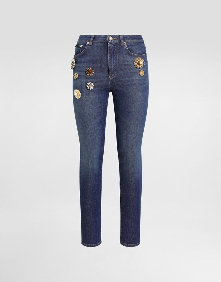 Dolce & Gabbana Pantalon 5 poches en denim à écussons Multicolore FTC67ZG8NY1
