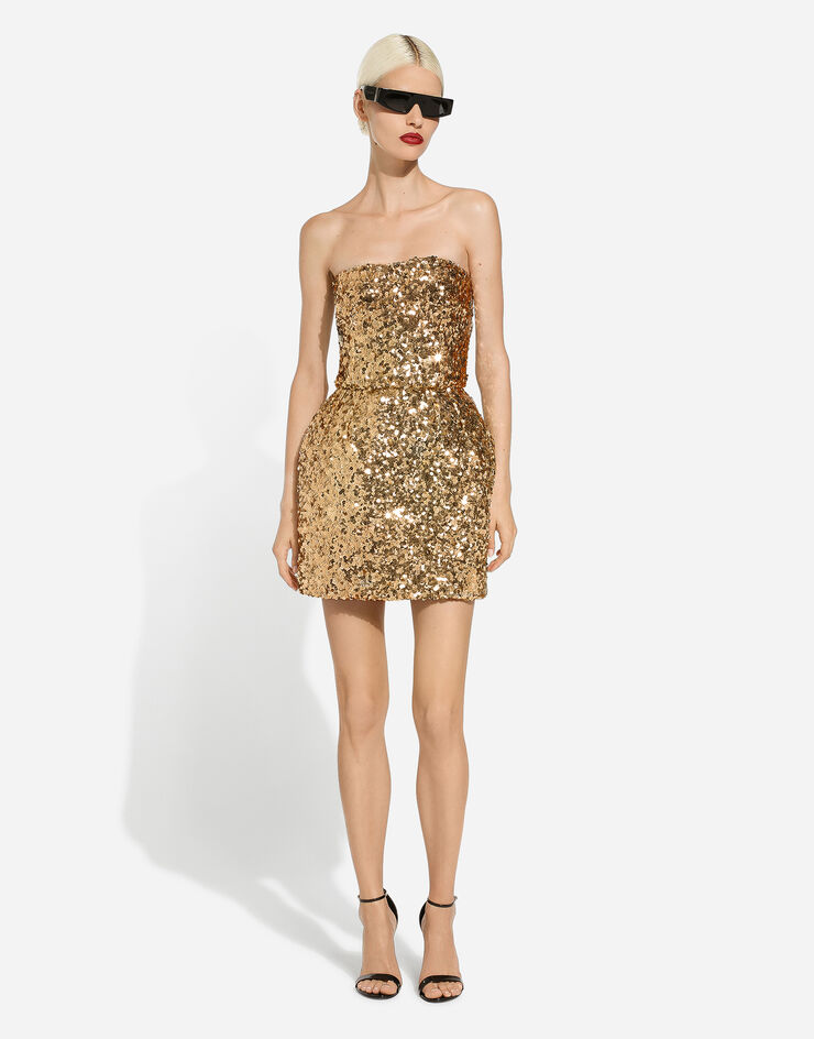 Dolce & Gabbana Kurzes Paillettenkleid ohne Träger Gold F6DFCTFLMII