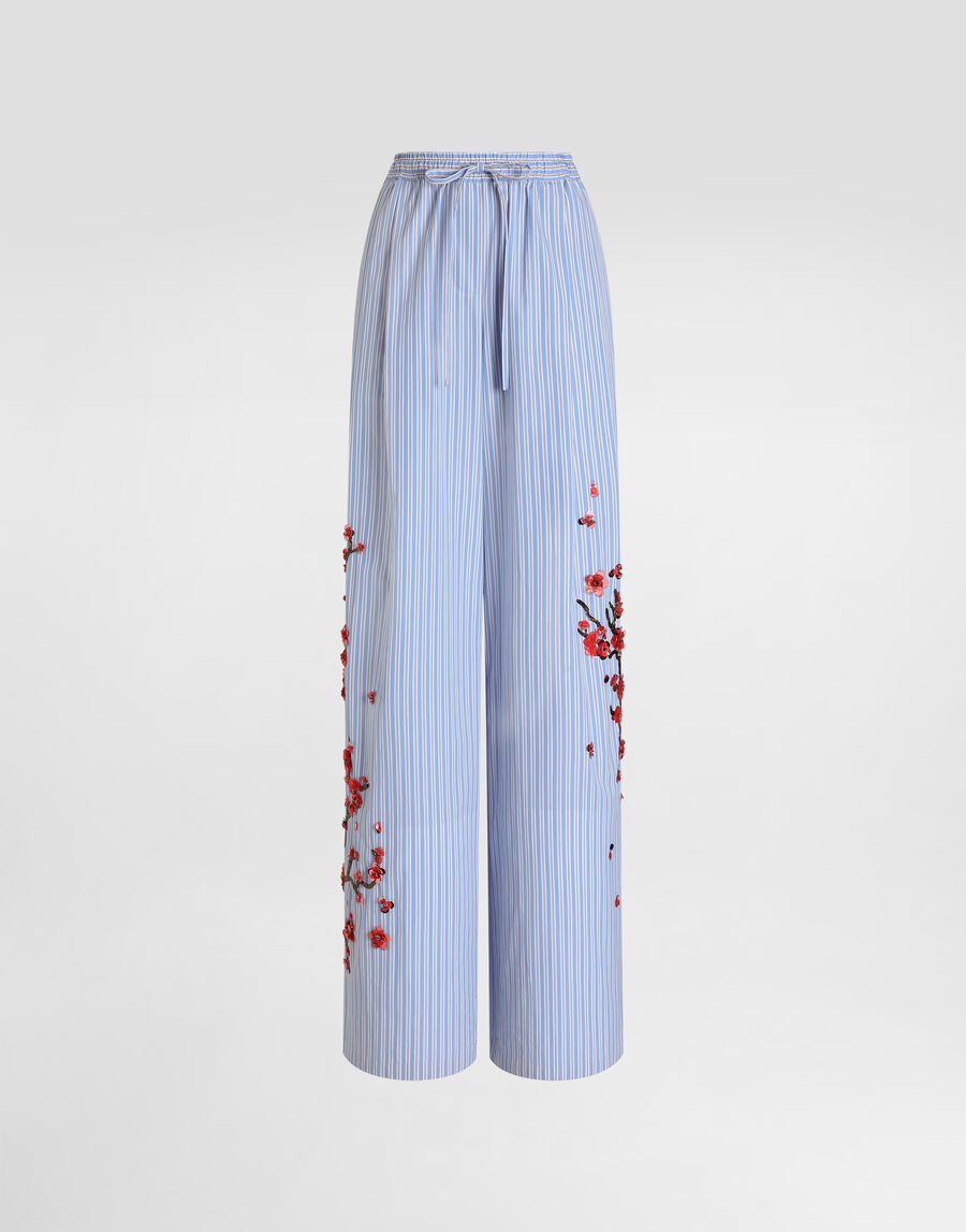 Poplin trousers with cherry tree embroidery