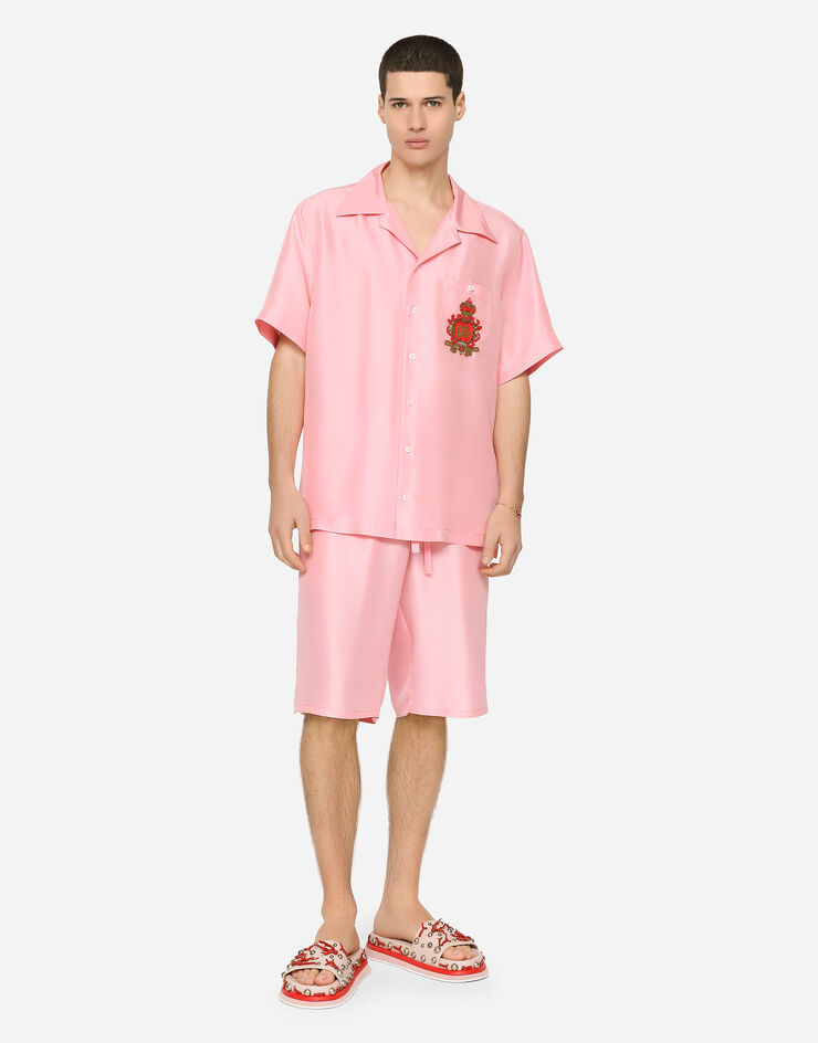 Dolce & Gabbana Coral-print silk Hawaiian shirt with patch Pink G5JH9ZFU1PS