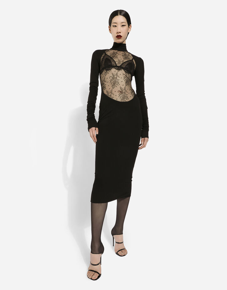 Dolce&Gabbana Jersey calf-length dress with Chantilly lace insert Black F6DJNTFU7DK