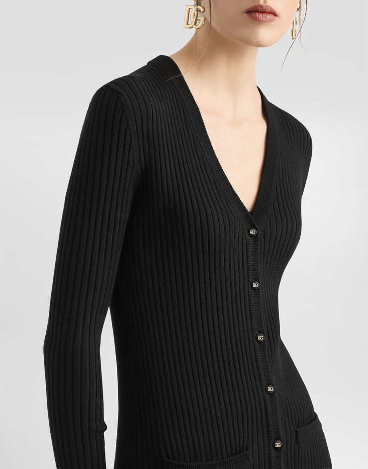 Dolce & Gabbana Langer gerippter Wollcardigan Schwarz FXV37TJCVXG