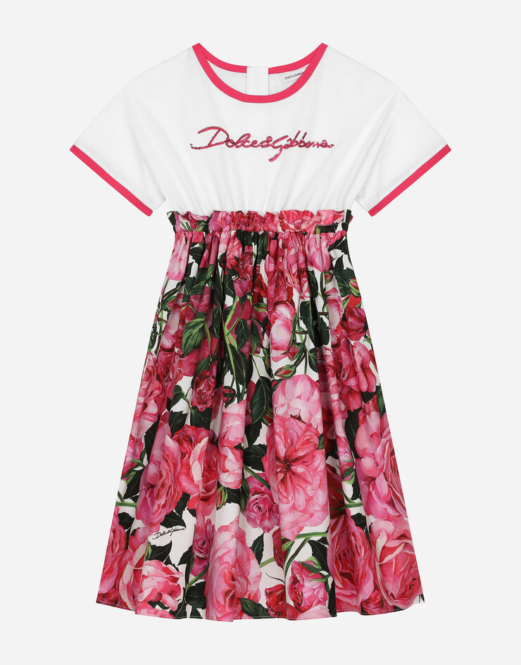Dolce & Gabbana Kleid aus Jersey und Popeline mit Rosenprint auf weißem Grund Drucken L5JD9HG7NZR