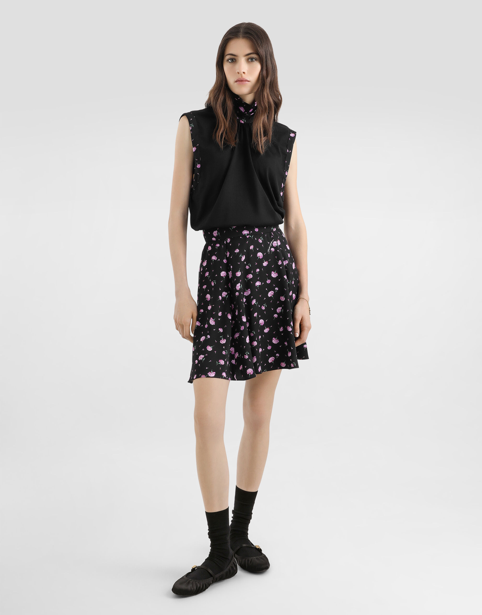 Carnations-print silk canvas skirt in Multicolor for Women