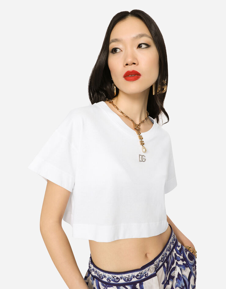 Dolce & Gabbana Cropped jersey T-shirt with DG logo White F8S21ZG7EOW