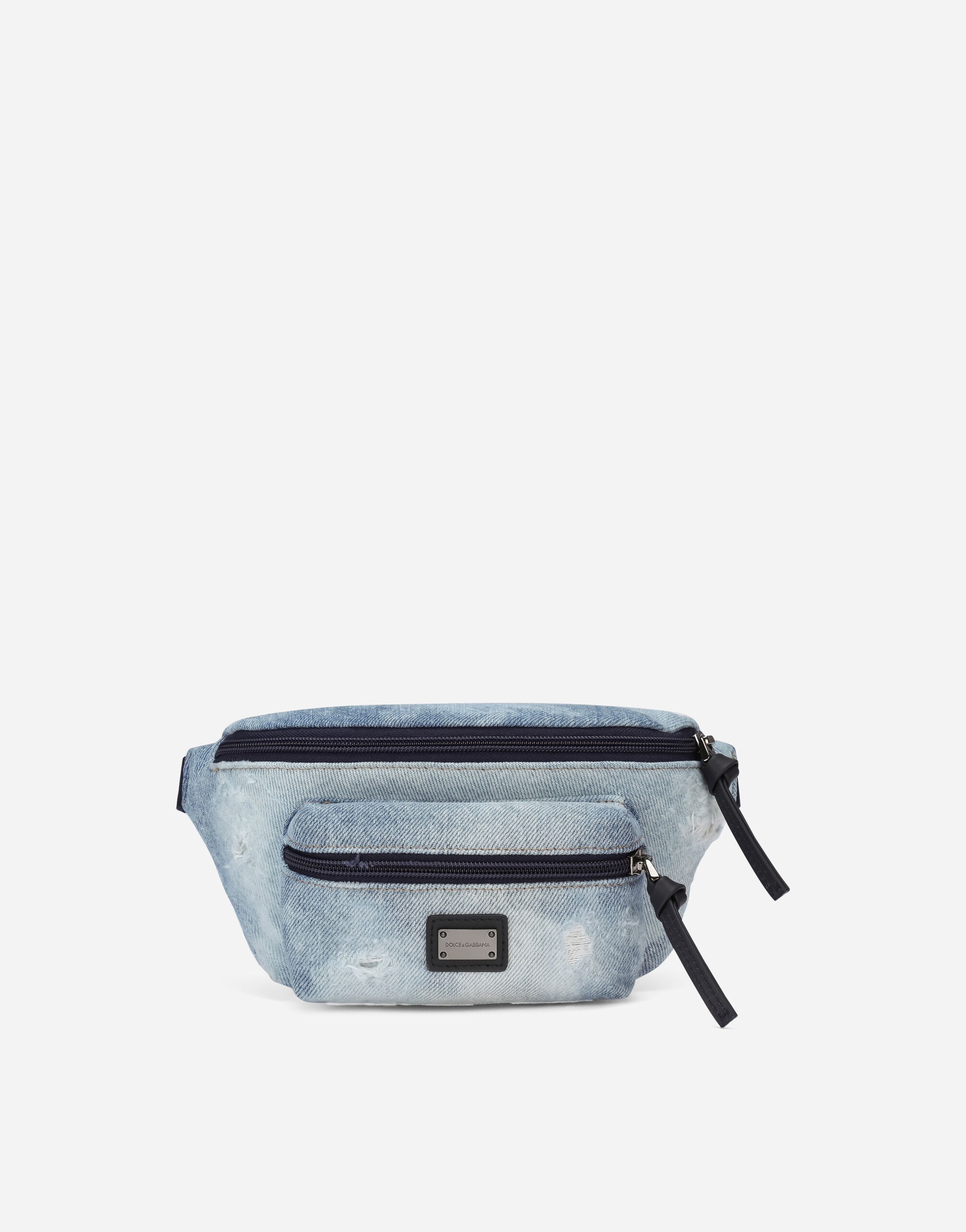 Rinonera de denim lavado con placa con logotipo en Azul de Nino Dolce Gabbana