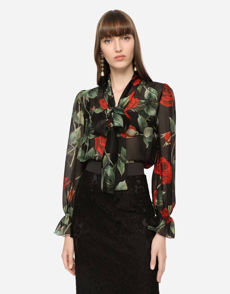 Dolce & Gabbana Textured chiffon pussy-bow shirt with rose print Multicolor F5N69TIS1JB