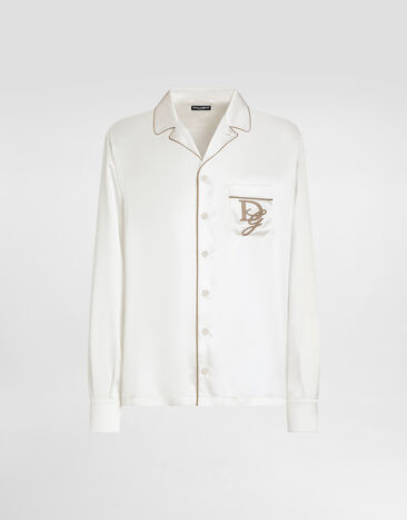 Dolce & Gabbana قميص حرير بتطريز شعار أبيض G5IF1ZFU1AU