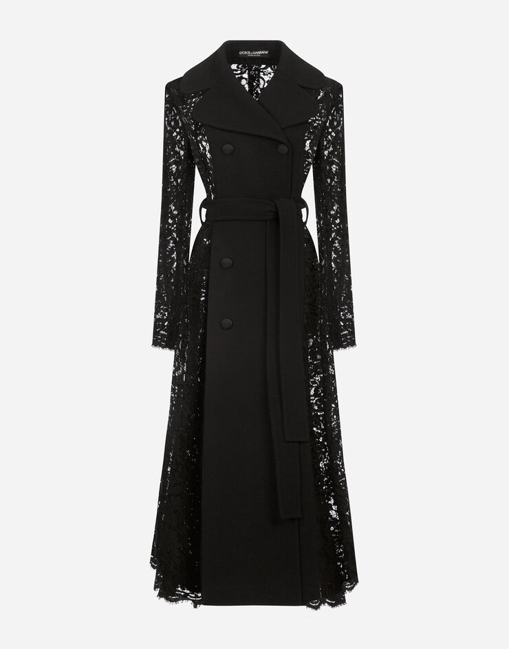 Dolce & Gabbana Manteau croisé en crêpe et dentelle avec ceinture Noir F0AD2THLMTB