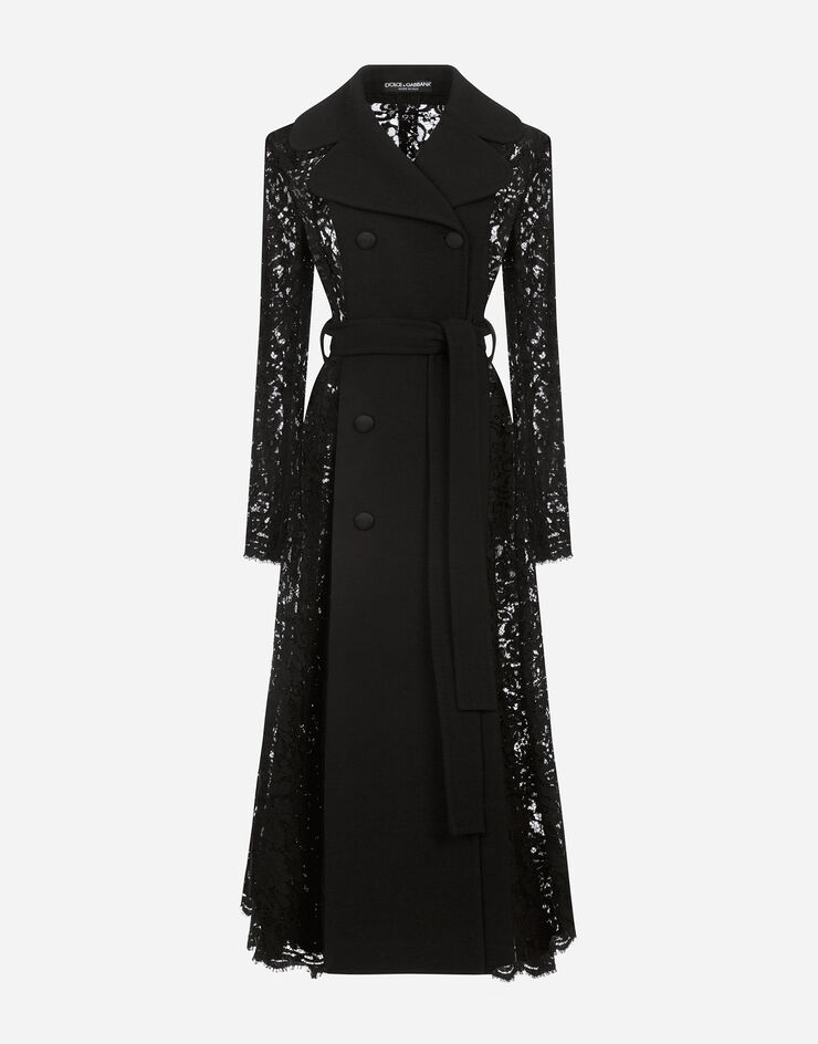 Dolce & Gabbana Zweireihiger mantel aus crêpe und spitze mit gürtel SCHWARZ F0AD2THLMTB