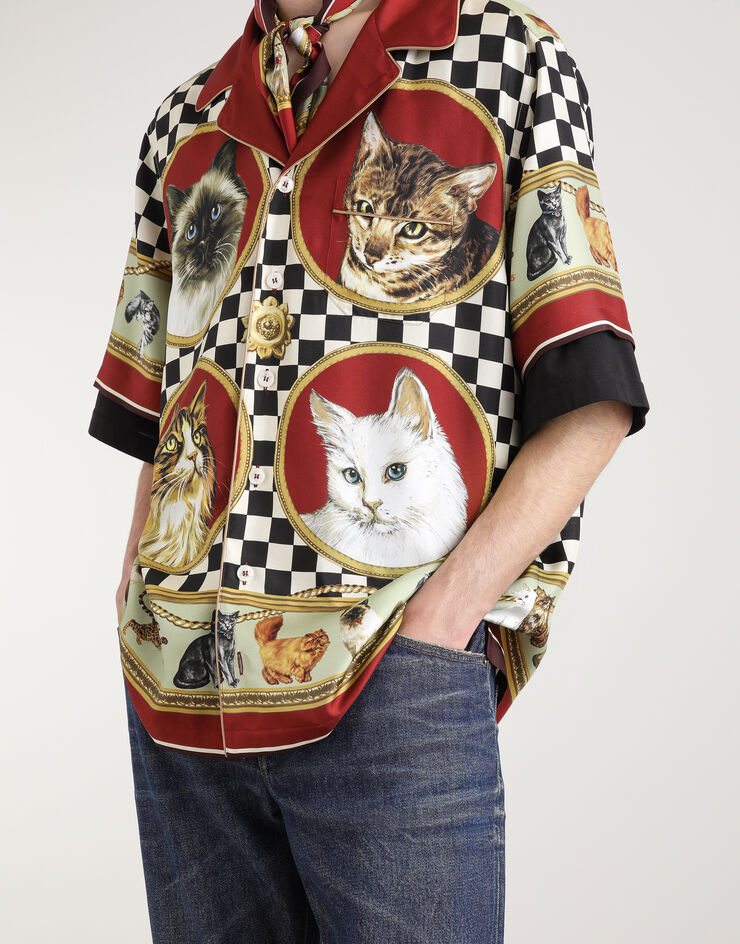 Dolce & Gabbana Silk shirt with cat print Print G5LH3THI1VV