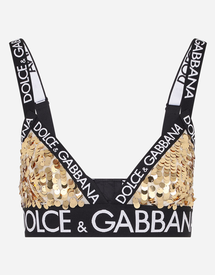 Dolce & Gabbana 로고 스트레치 밴드 시퀸 트라이앵글 브라 골드 O1C02TFLSA8