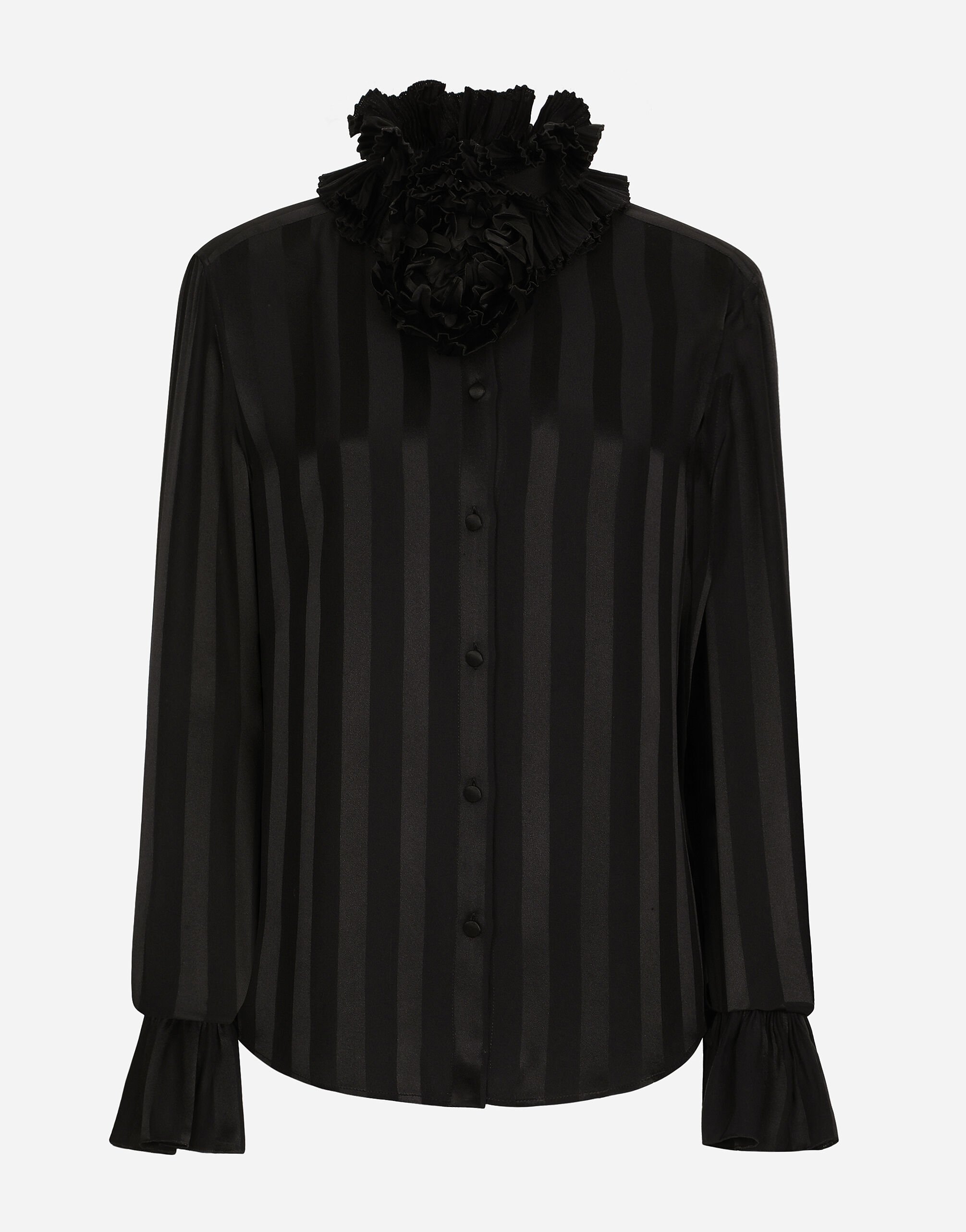 Dolce & Gabbana Silk jacquard shirt with pleated cuffs and collar Black F6JFFTMLRAB