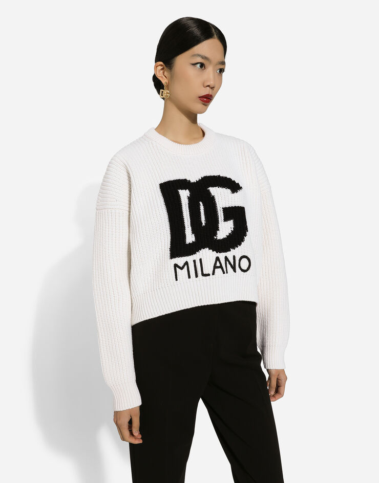 Dolce & Gabbana Ribbed wool sweater with DG logo Weiss FXW02ZJCVC2