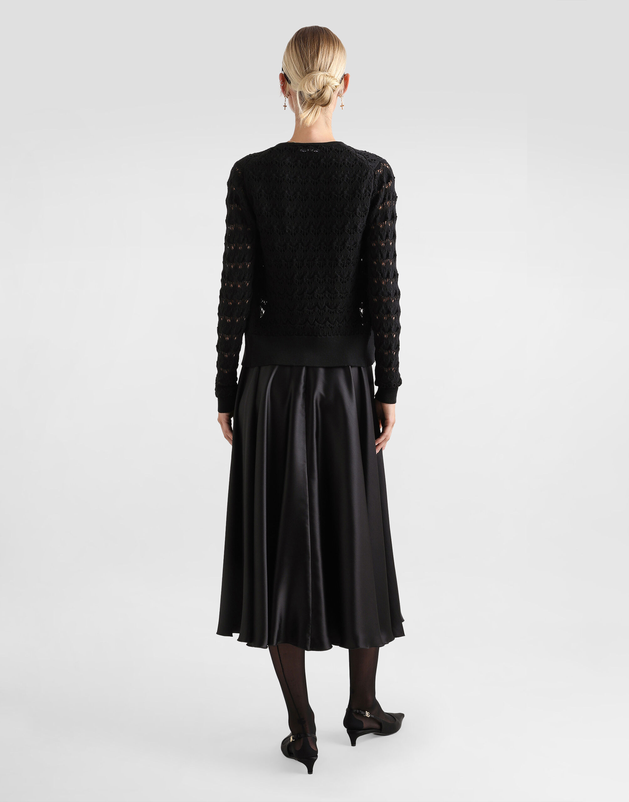 Silk satin calf-length circle skirt in Black for Women