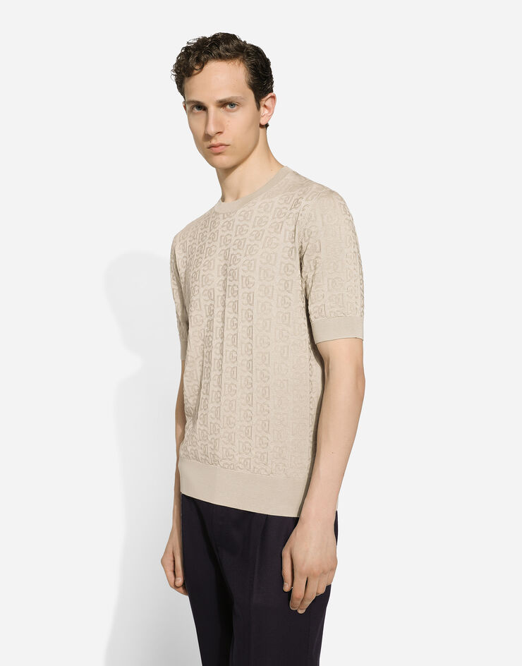 Dolce & Gabbana Silk jacquard round-neck sweater with DG logo Beige GXX03TJBSKE