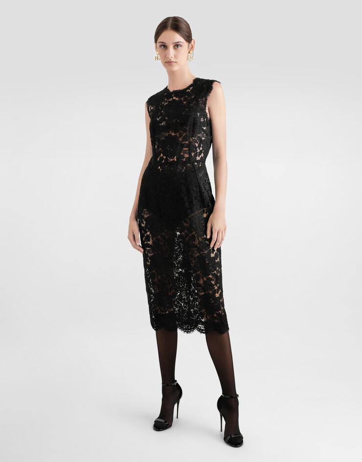 Dolce & Gabbana Longuette-Kleid aus elastischer Spitze mit Logo Schwarz F6H0ZTHLM7L