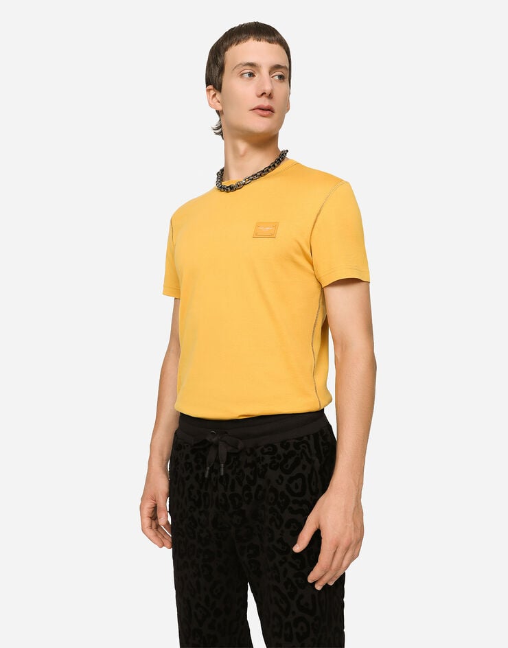 Dolce & Gabbana Cotton V-neck T-shirt with branded plate Yellow G8KJ9TFU7EQ