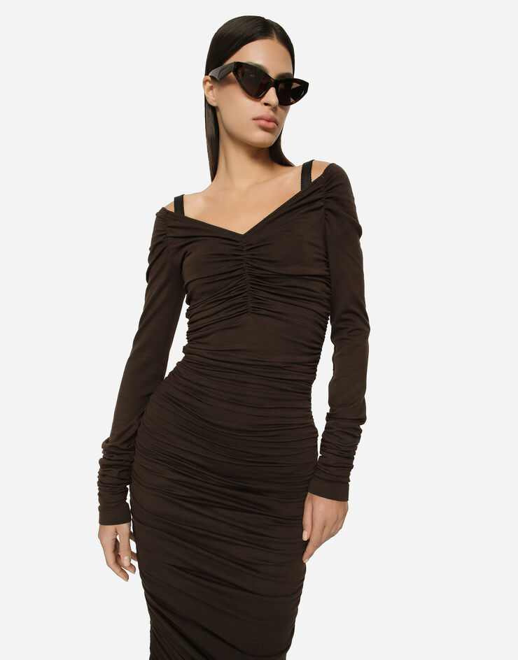 Dolce&Gabbana V-neck calf-length dress in wool jersey Brown F6COMTFUGRH