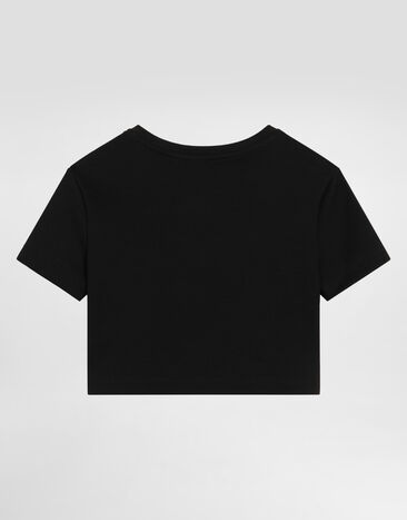 Dolce & Gabbana Terry-effect interlock t-shirt with print and rhinestones Black L5JTQHG7PXF