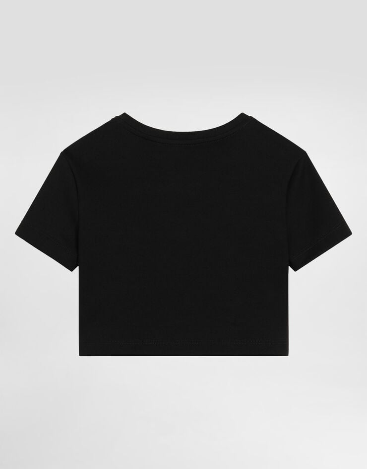 Dolce & Gabbana Terry-effect interlock t-shirt with print and rhinestones Black L5JTQHG7PXF