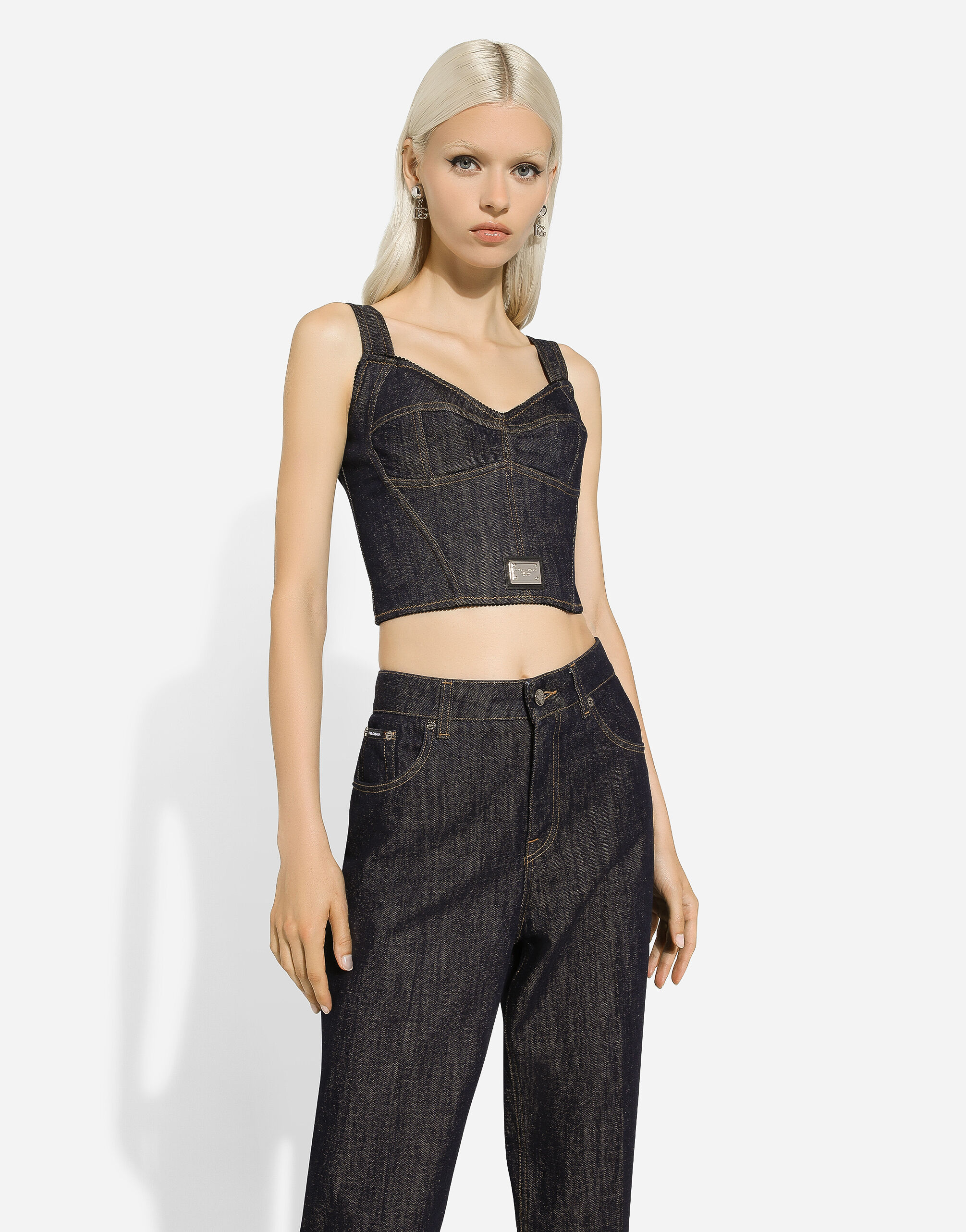 ブルーのウィメンズ Denim corset top with logo tag | Dolce&Gabbana®