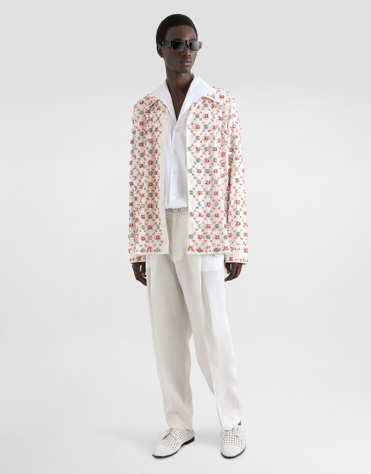 Dolce & Gabbana Long-sleeved cotton shirt with rhinestone and coral embroidery White G5NC8ZFU6X8
