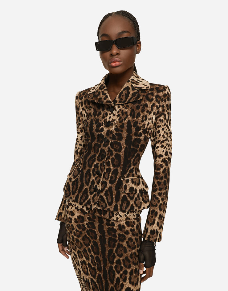 Single-breasted double crepe jacket with leopard print in Animal Print for
