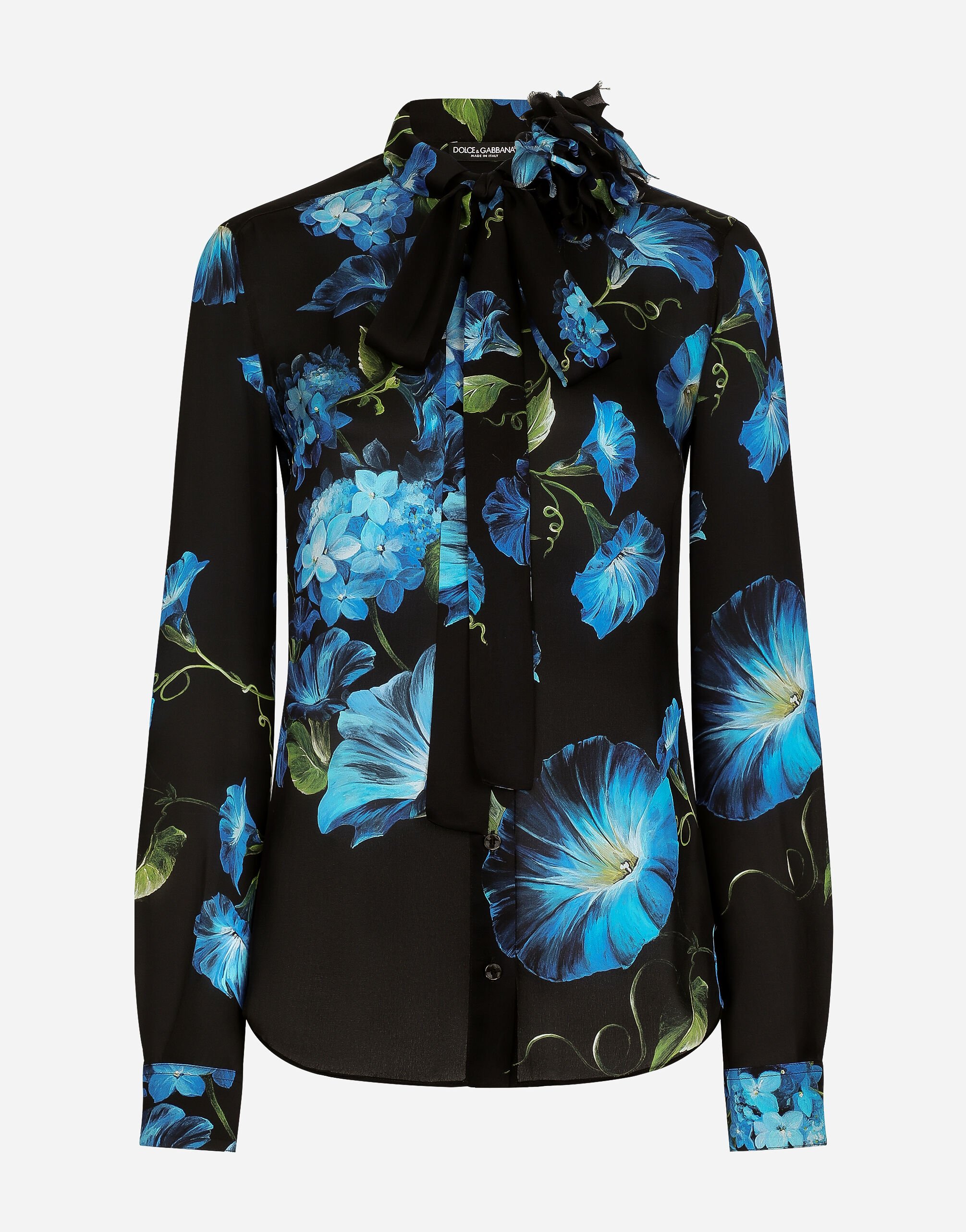 Dolce & Gabbana Рубашка из легкого атласа с цветочным принтом колокольчиков черный F761RTFJTBR