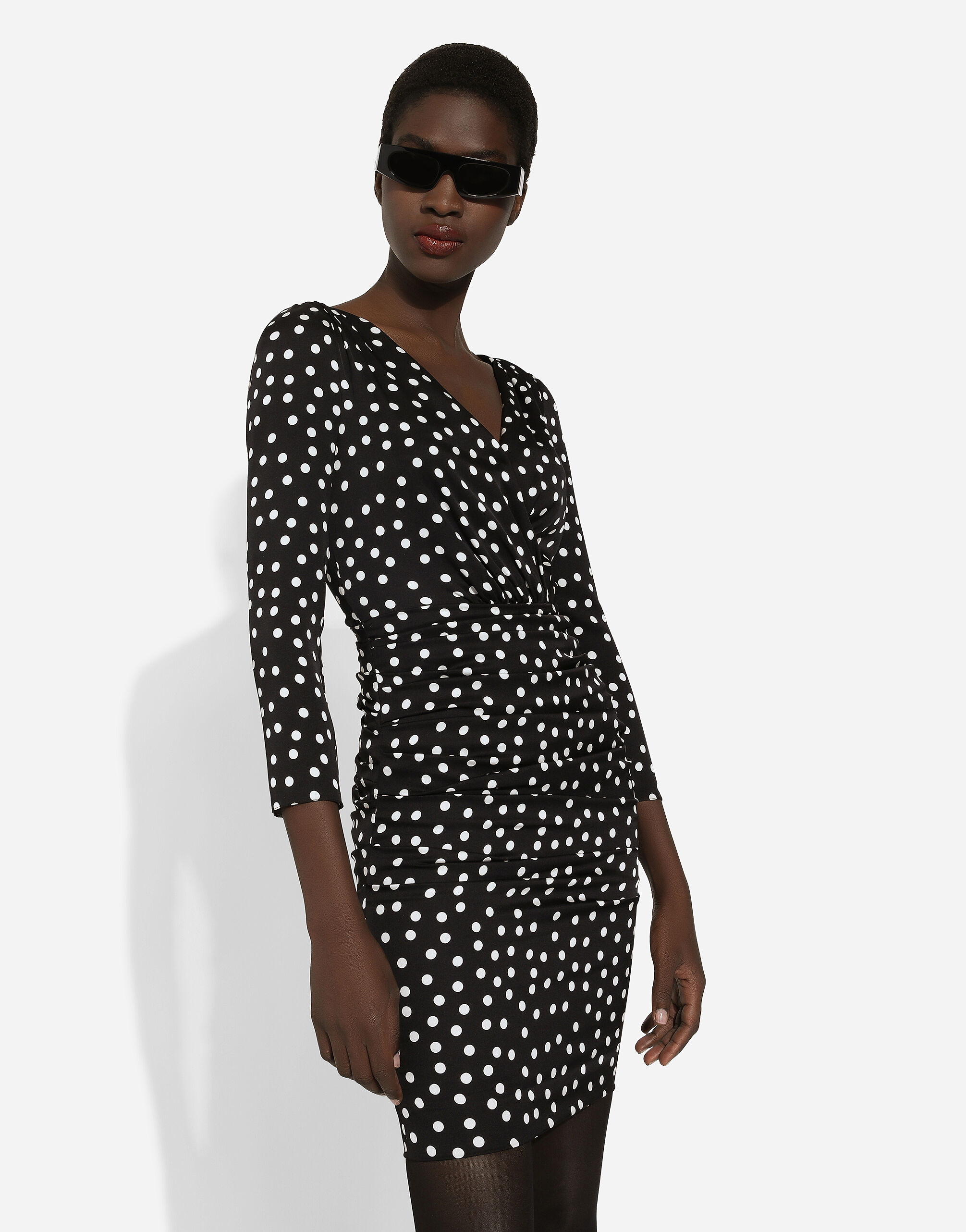 Short charmeuse dress with draped detailing and micro polka dot print in Print for Women Dolce Gabbana