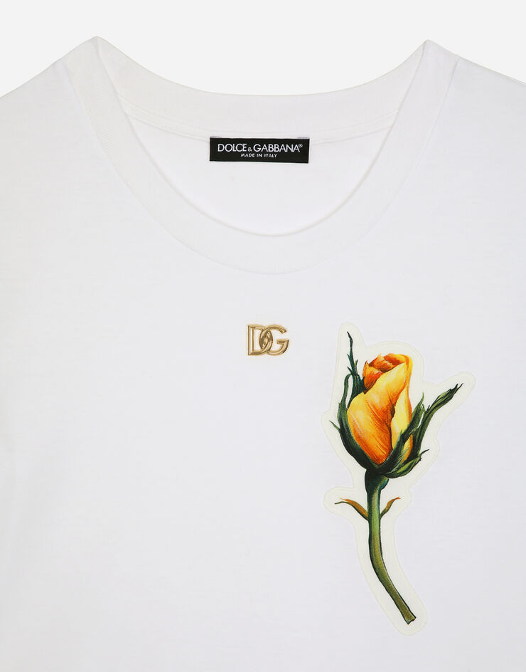 Dolce & Gabbana T-Shirt aus Jersey mit DG-Logo und Stickpatch gelbe Rosen Weiss F8T00ZGDCBT