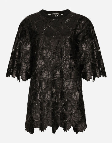 Dolce&Gabbana Top de manga corta en macramé floral de piel sintética Negro F761VTFGSAL