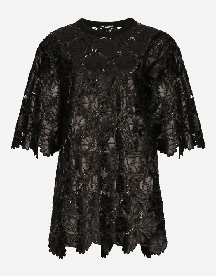 Dolce&Gabbana Top de manga corta en macramé floral de piel sintética Dolce&Gabbana Top de manga corta en macramé floral de piel sintética Negro F761VTFGSAL