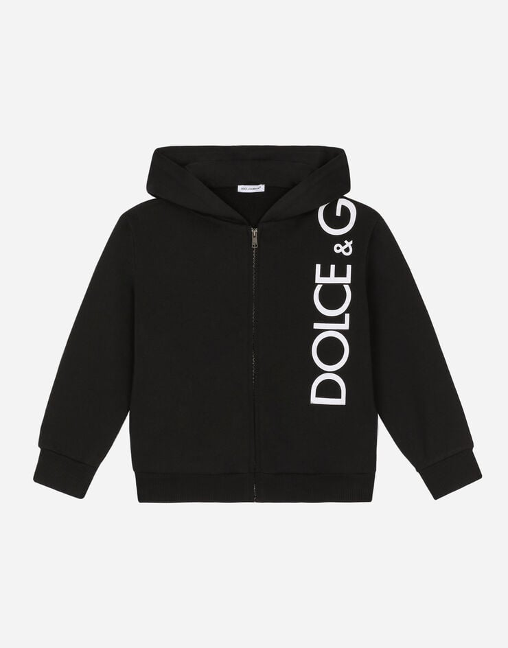 Dolce & Gabbana Felpa zip con cappuccio in jersey stampa logo Black L4JWFNG7IXP