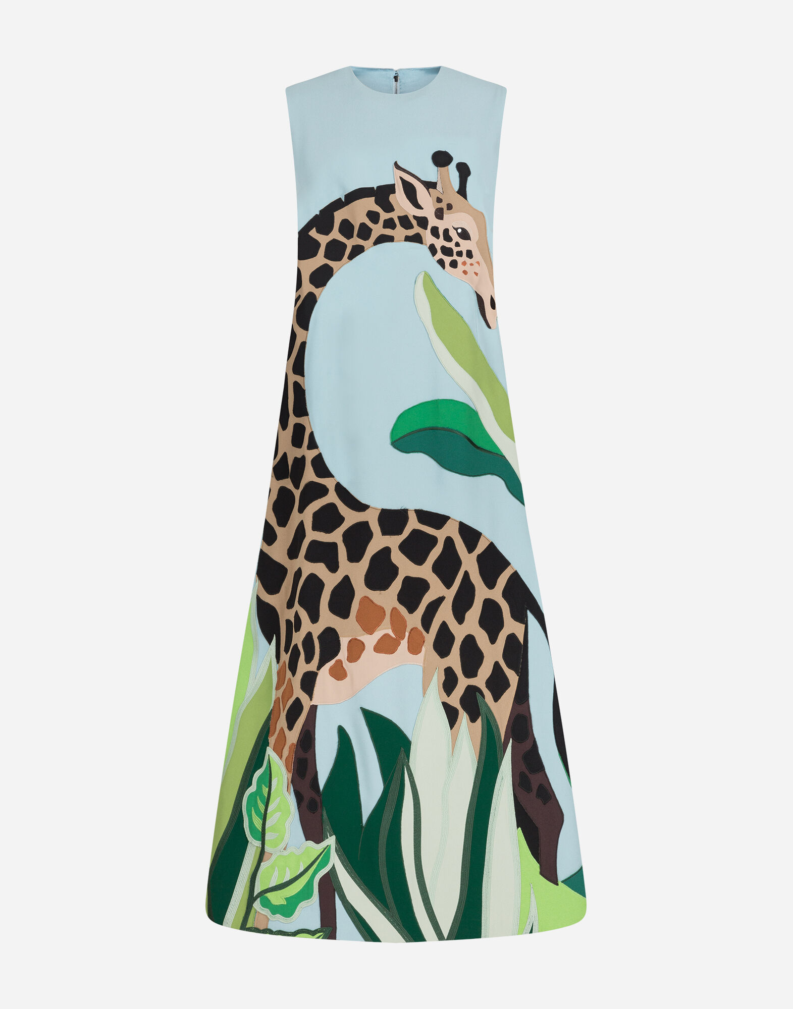 Long sleeveless dress in cady with giraffe patch