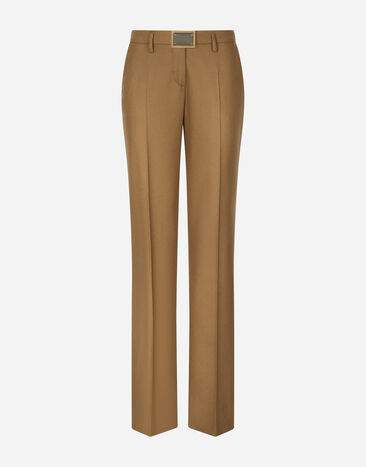 Dolce & Gabbana Flared flannel pants with logo tag Beige BB6711AV893