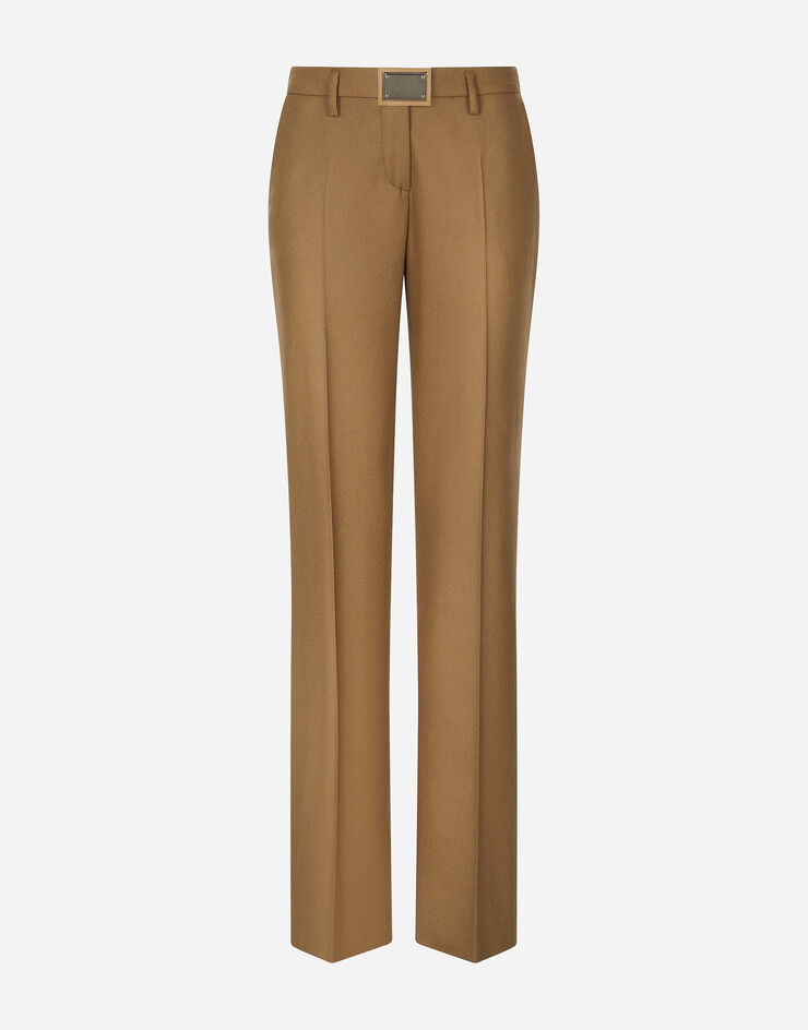 Dolce&Gabbana Flared flannel pants with logo tag Beige FTCZITGDBWW
