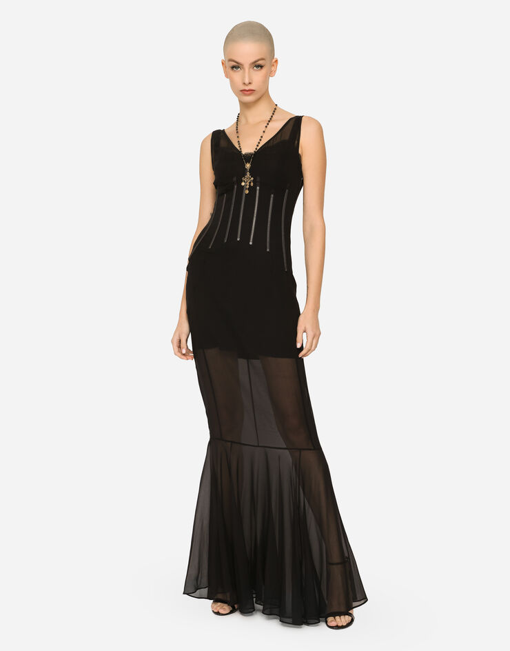 Dolce & Gabbana Vestido largo de chifón con varillas Negro F6ZB5TFUADS
