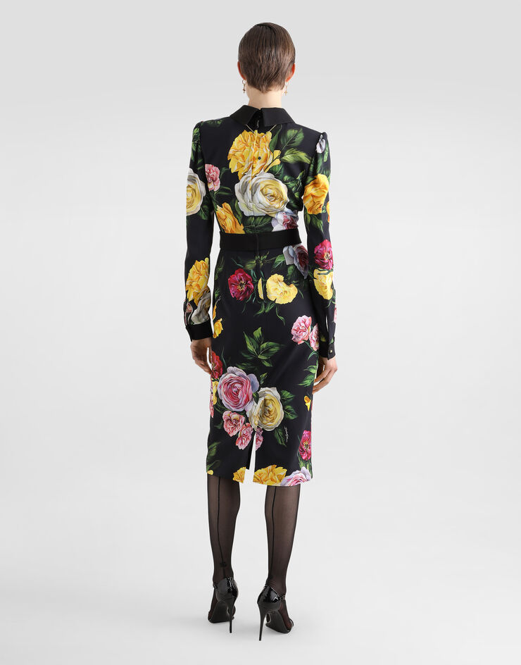 Dolce & Gabbana Calf-length cady shirt dress with peony and rose print Print F6TLDTFSRPH