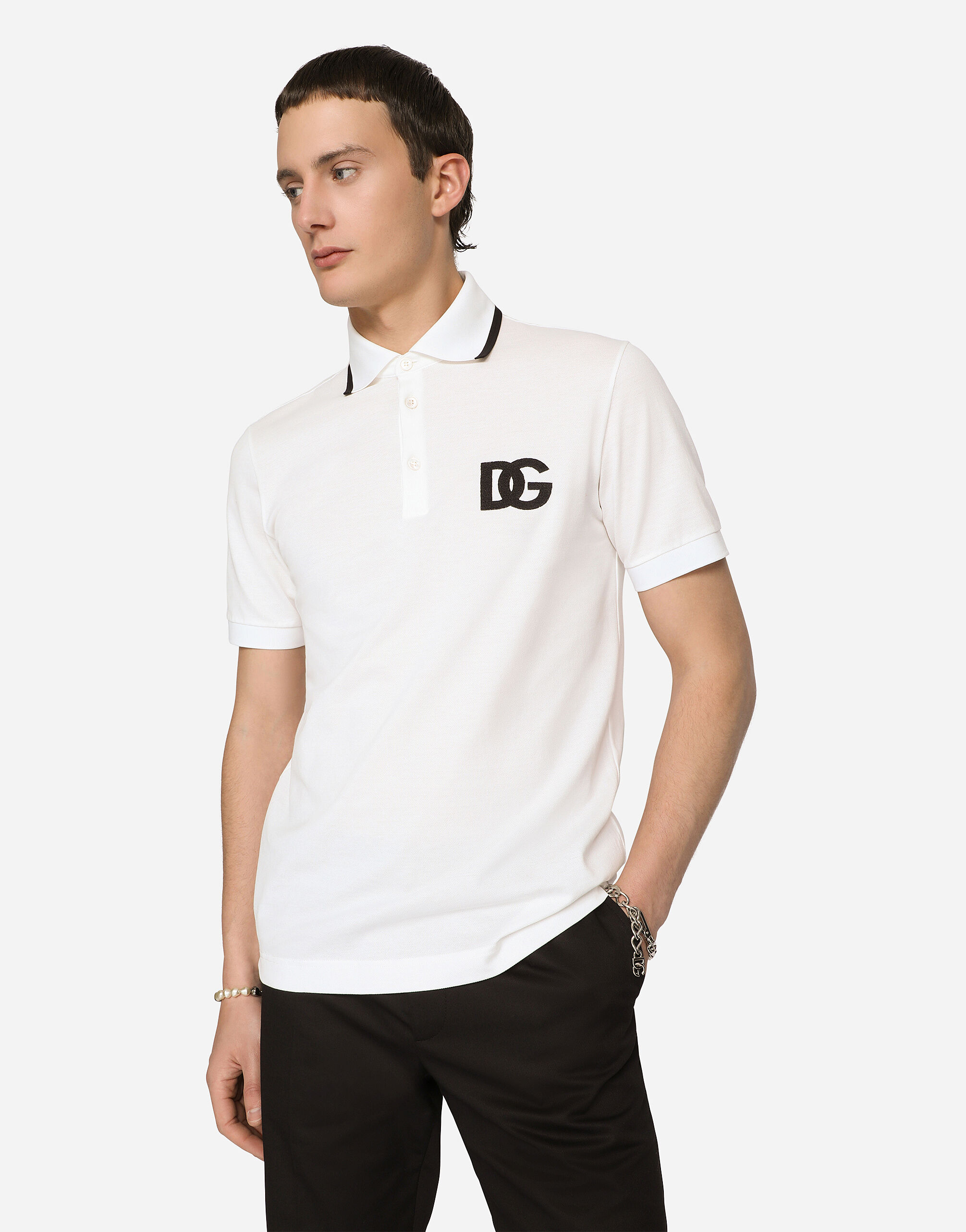 Polo de pique de algodon con bordado DG en Blanco de Hombre Dolce Gabbana