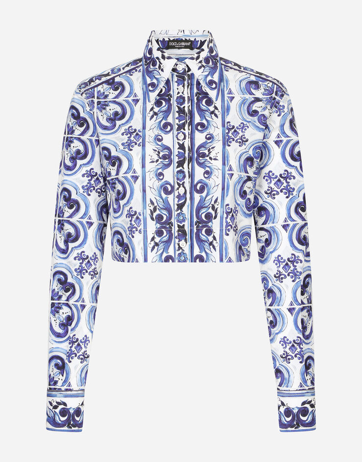 Dolce&Gabbana Camisa corta de popelina con estampado de mayólica Multicolor F5Q33THH5AU