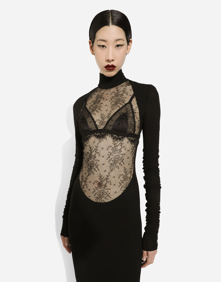 Dolce&Gabbana Jersey calf-length dress with Chantilly lace insert Black F6DJNTFU7DK