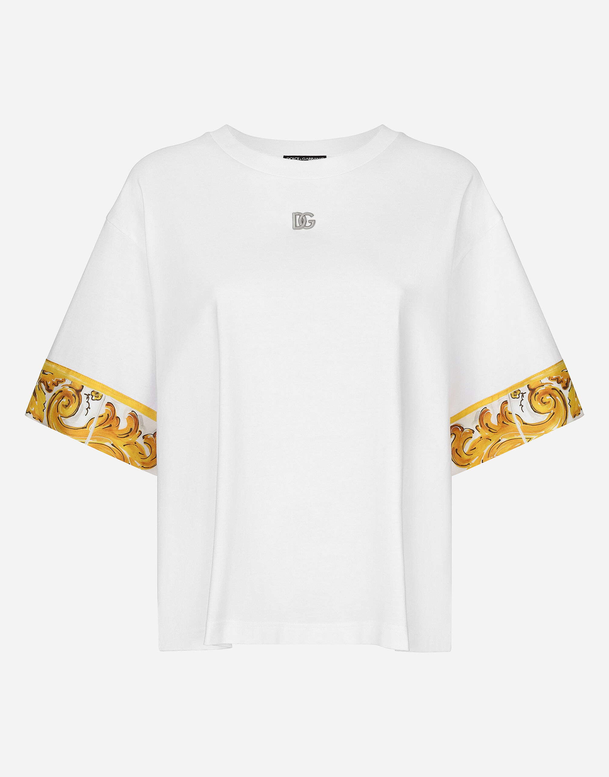 Dolce & Gabbana T-shirt in jersey di cotone con dettagli in twill di seta stampa Maiolica Stampa F6ADLTHH5A0
