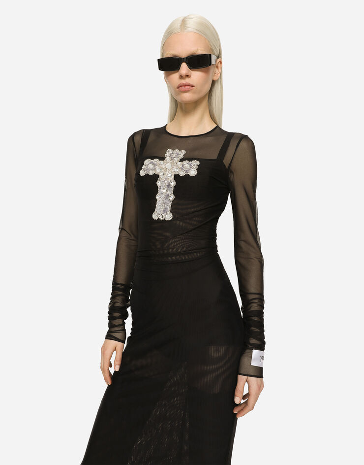 Dolce&Gabbana Vestido largo de tul con bordado de cruz en strass Negro F6BEZZFLRC2