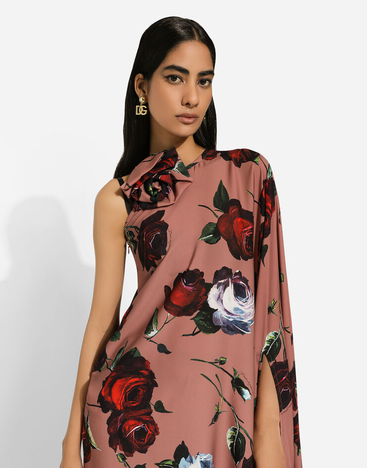 Dolce & Gabbana فستان شارميوز غير متماثل بطبعة وردة فينتاج يضعط F6FAVTFSA6D