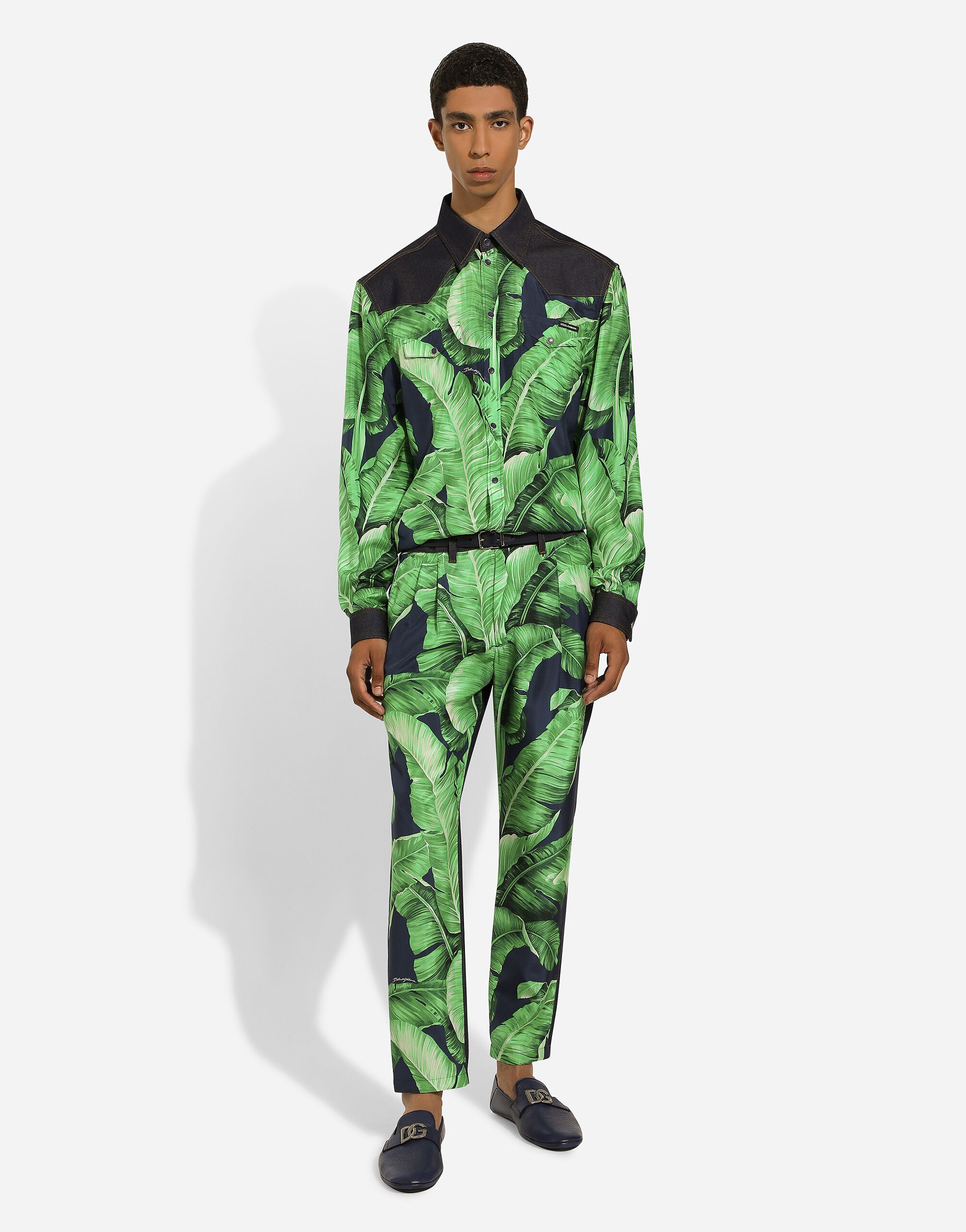 Silk and stretch denim shirt with banana tree print in Print for Men Dolce Gabbana US