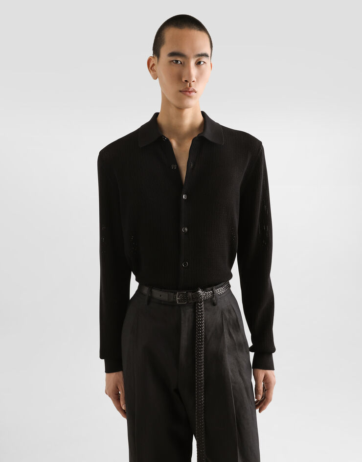 Dolce & Gabbana Long-sleeved shirt in a cotton openwork knit Black GXVB3TJBCFO