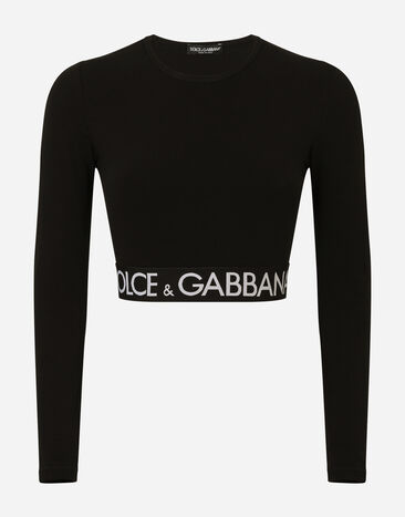 Dolce & Gabbana 로고 신축 밴드 저지 긴소매 크롭 티셔츠 화이트 F8T00ZG7H1Z