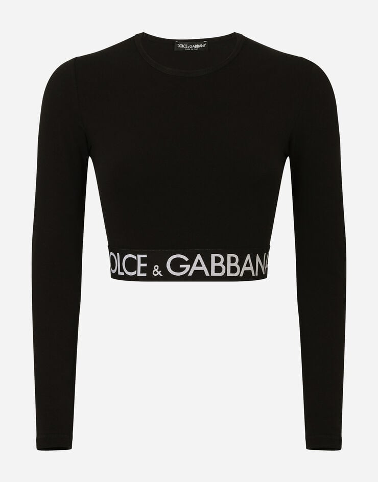 Dolce & Gabbana 徽标弹力饰带平纹针织长袖短款 T 恤 黑 F8N51TFUEEY