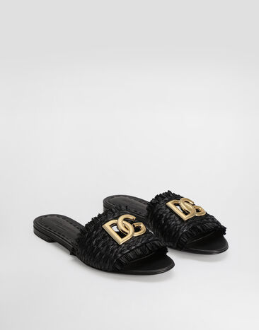 Dolce & Gabbana Woven raffia slippers with fringe Black CQ0646AN217